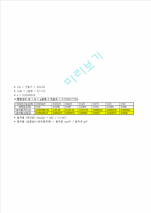 [자연과학] [기본물리학] 평형의 결정-수용액에서 활성탄에 의한 유기산의 흡착.hwp